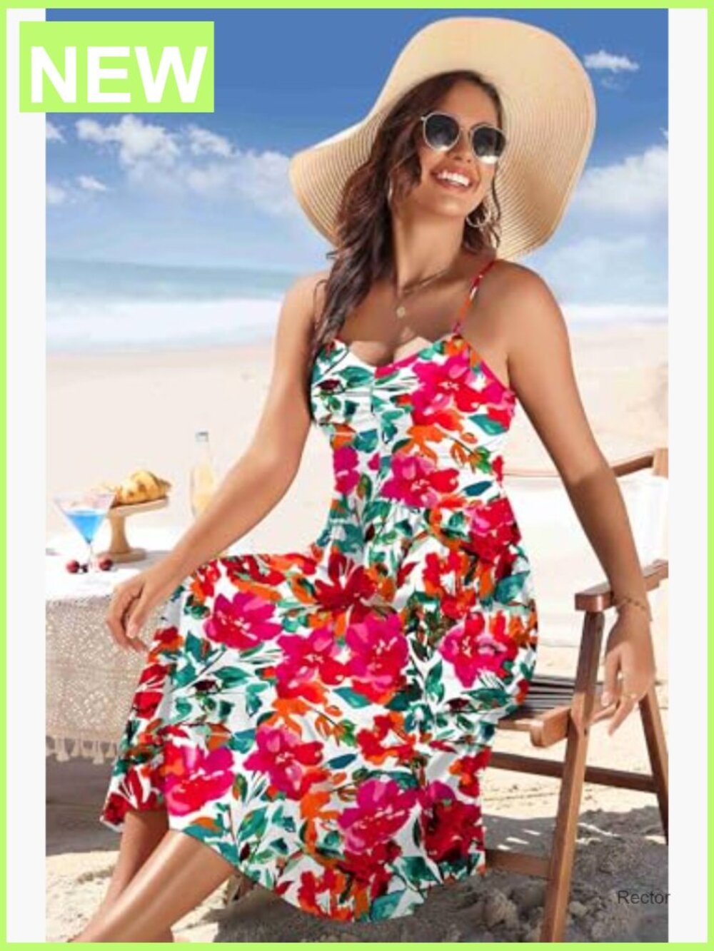Adjustable Spaghetti Strap V-Neck Midi Sundress with Pockets Flowy Beach - Picture 4 of 7
